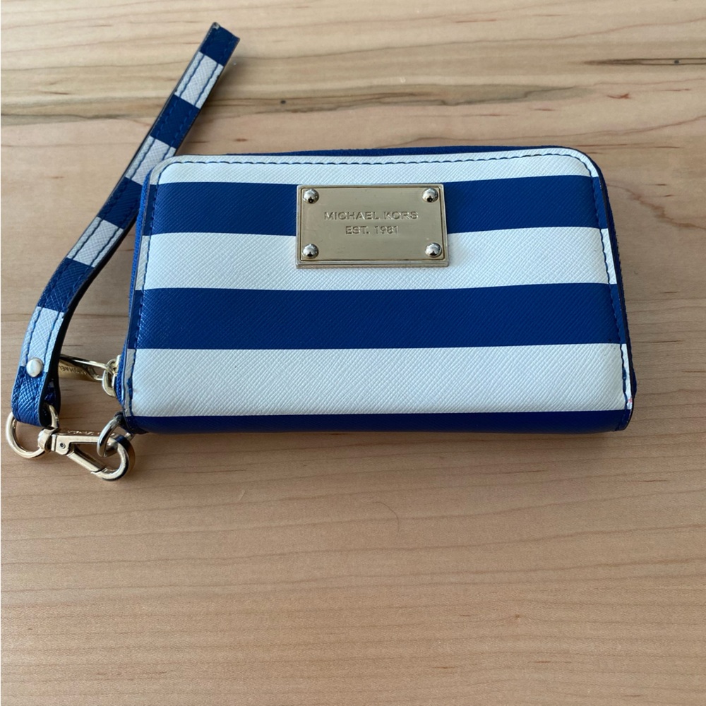 Michael Kors Blue & White Striped Wallet w/ Gold Accents & Wrist Strap, Classic
